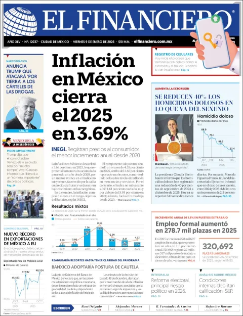 Portada de El Financiero del viernes, 9 de enero de 2026