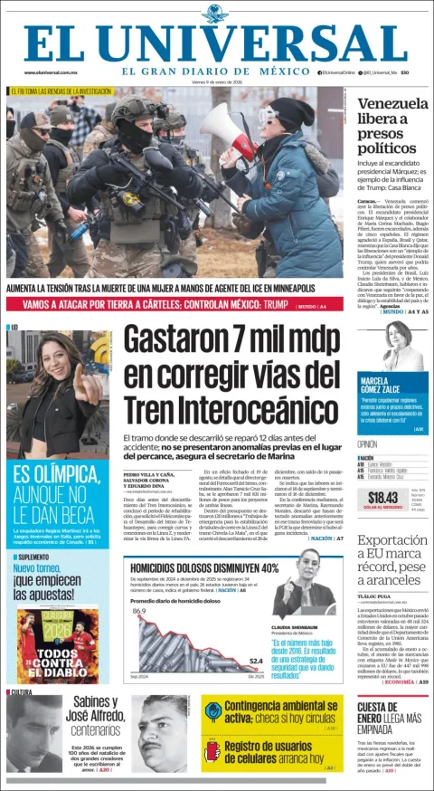 Portada de El Universal del viernes, 9 de enero de 2026