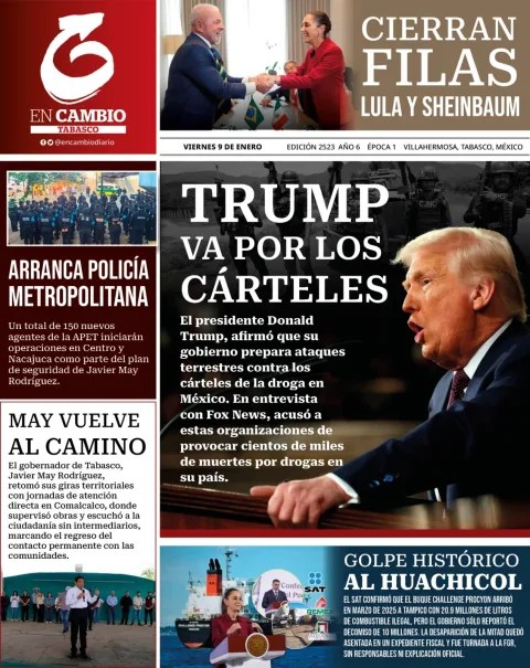 Portada de En Cambio - Tabasco (portada) del viernes, 9 de enero de 2026