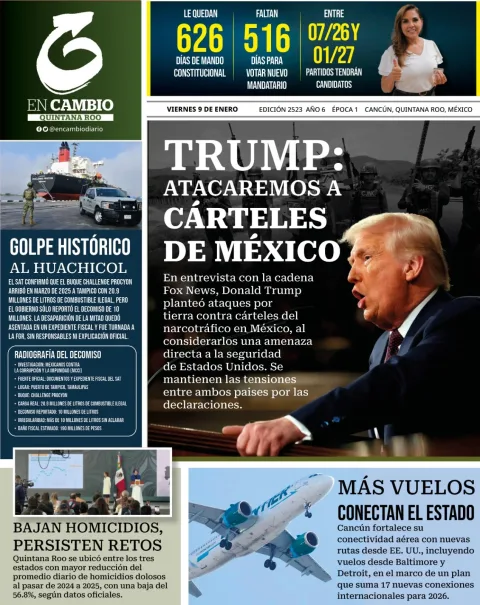 Portada de En Cambio - Quintana Roo (portada) del viernes, 9 de enero de 2026