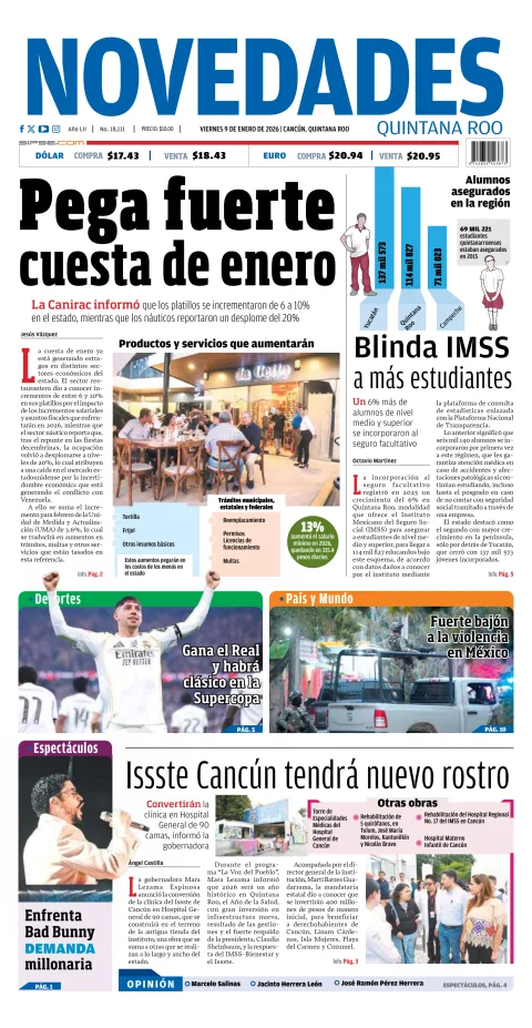 Portada de Novedades Quintana Roo del viernes, 9 de enero de 2026