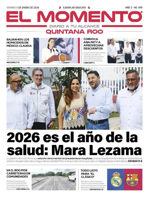 Portada de El Momento Quintana Roo del viernes, 9 de enero de 2026