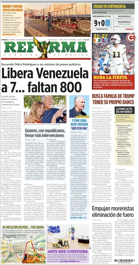 Portada de Reforma del viernes, 9 de enero de 2026