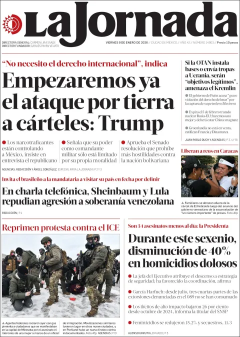 Portada de La Jornada del viernes, 9 de enero de 2026