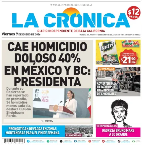 Portada de La Cronica del viernes, 9 de enero de 2026