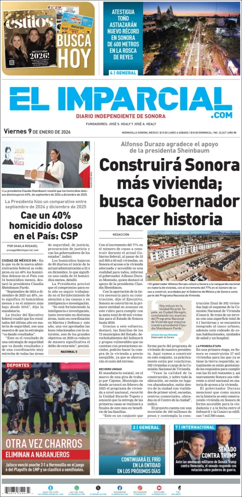 Portada de El Imparcial del viernes, 9 de enero de 2026