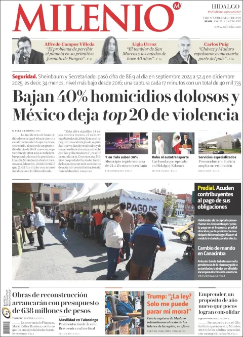 Portada de Milenio Hidalgo del viernes, 9 de enero de 2026