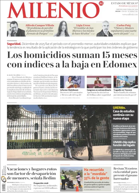 Portada de Milenio Edo de Mexico del viernes, 9 de enero de 2026