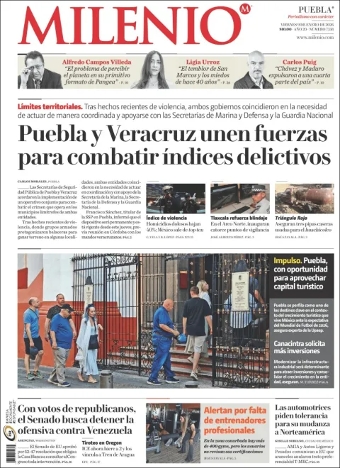 Portada de Milenio Puebla del viernes, 9 de enero de 2026