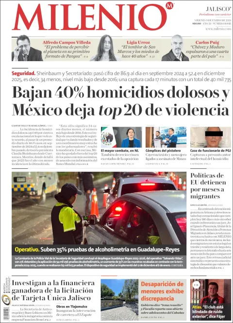 Portada de Milenio Jalisco del viernes, 9 de enero de 2026