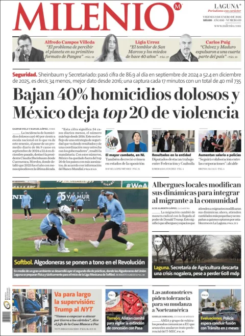 Portada de Milenio Laguna del viernes, 9 de enero de 2026