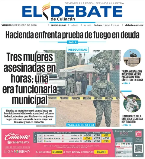 Portada de El Debate de Culiacan del viernes, 9 de enero de 2026