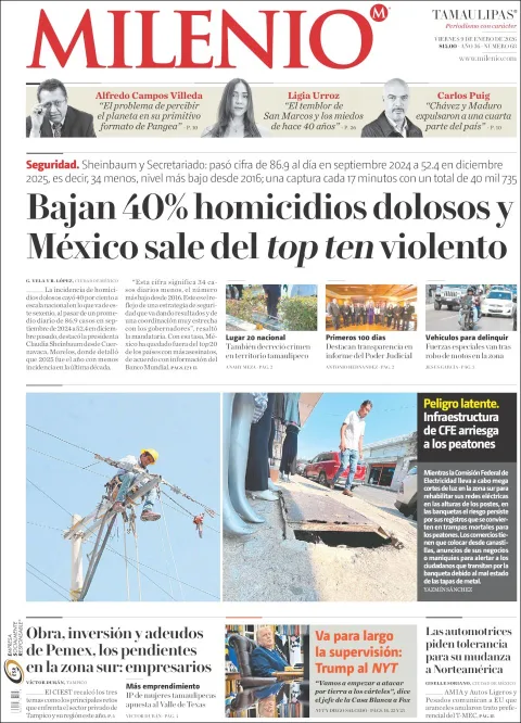 Portada de Milenio Tamaulipas del viernes, 9 de enero de 2026