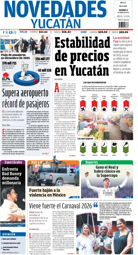 Portada de Novedades Yucatan del viernes, 9 de enero de 2026