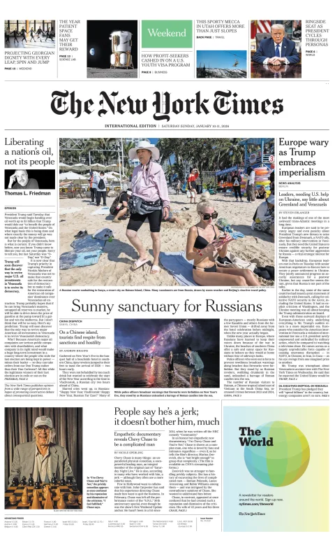 Portada de The New York Times (international) del sábado, 10 de enero de 2026