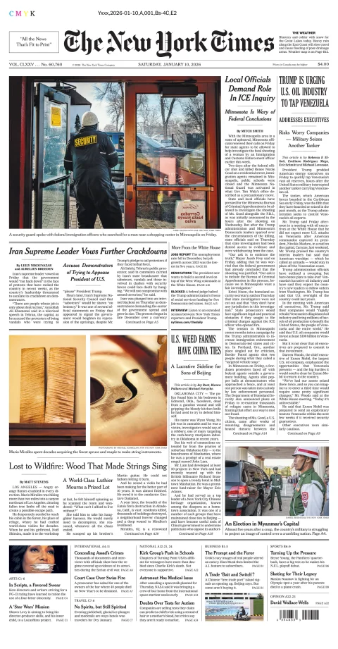 Portada de The New York Times (national) del sábado, 10 de enero de 2026