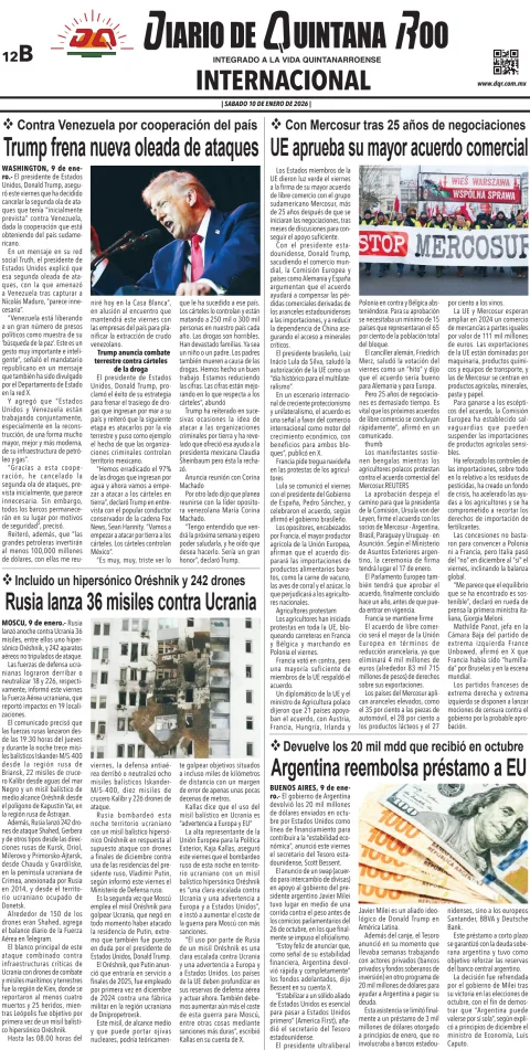 Portada de Diario de Quintana Roo (contra Portada) del sábado, 10 de enero de 2026