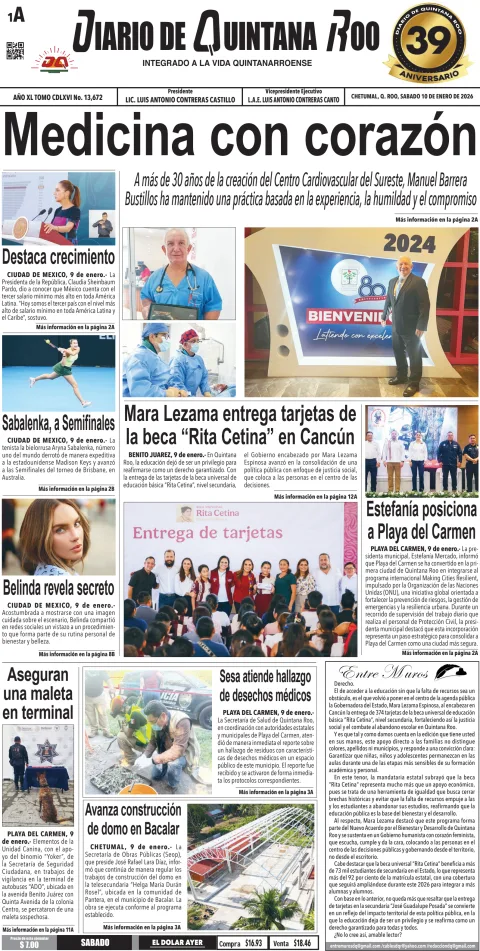Portada de Diario de Quintana Roo (portada) del sábado, 10 de enero de 2026