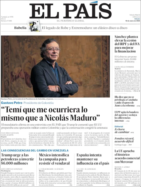 Portada de El Pais del sábado, 10 de enero de 2026