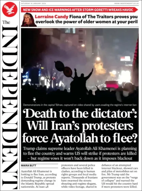 Portada de The Independent del sábado, 10 de enero de 2026
