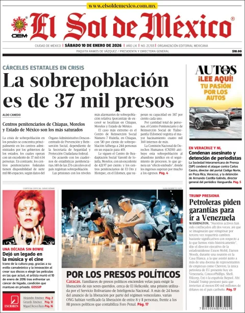 Portada de El Sol de Mexico del sábado, 10 de enero de 2026