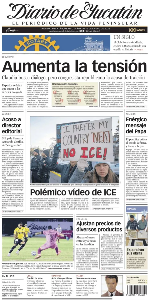 Portada de Diario de Yucatán del sábado, 10 de enero de 2026
