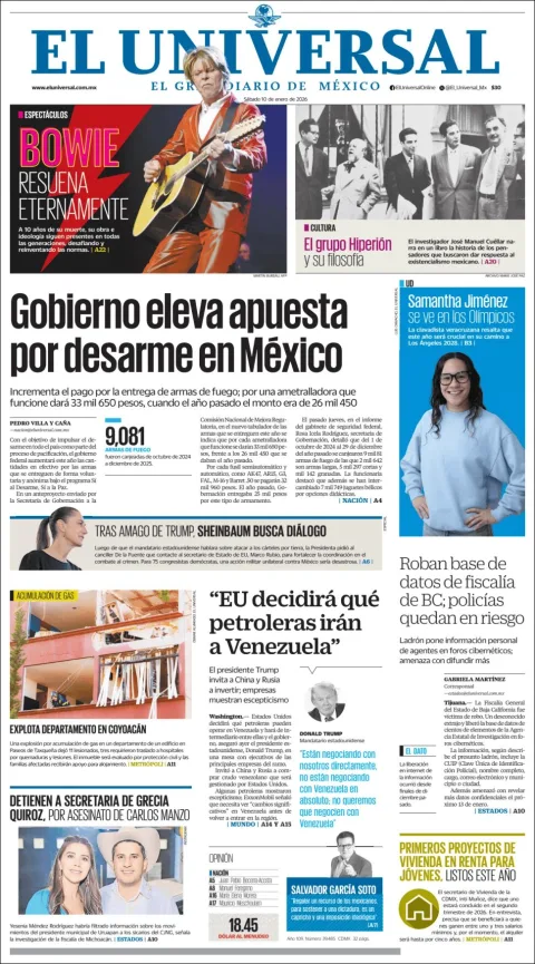 Portada de El Universal del sábado, 10 de enero de 2026