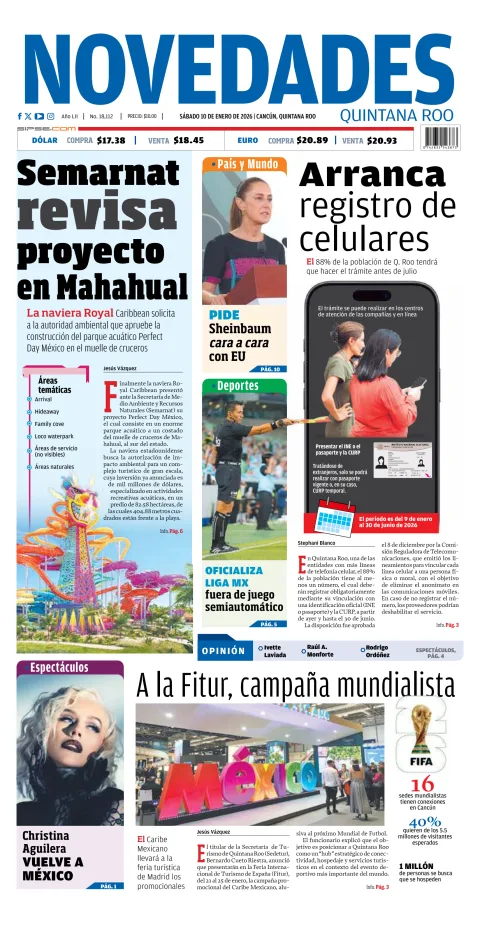 Portada de Novedades Quintana Roo del sábado, 10 de enero de 2026