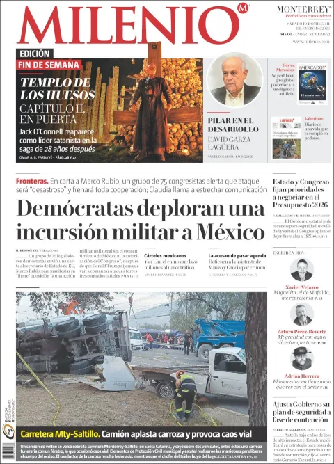 Portada de Milenio del sábado, 10 de enero de 2026