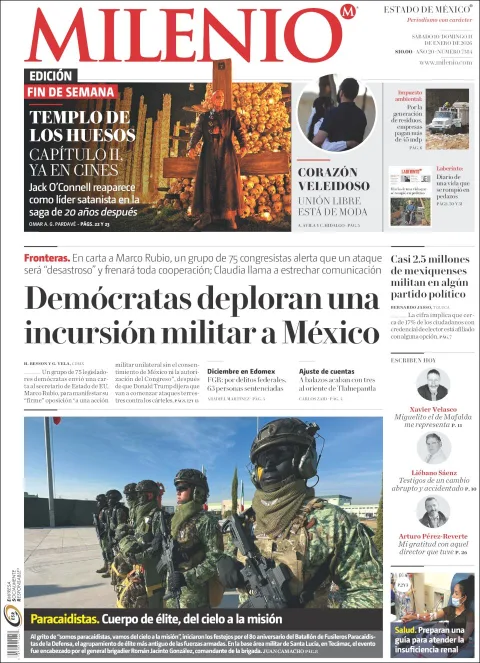 Portada de Milenio Edo de Mexico del sábado, 10 de enero de 2026