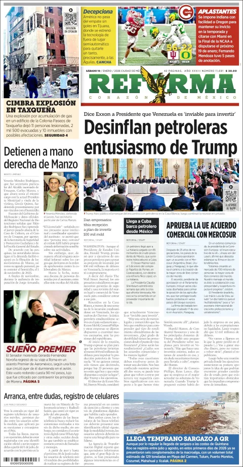 Portada de Reforma del sábado, 10 de enero de 2026