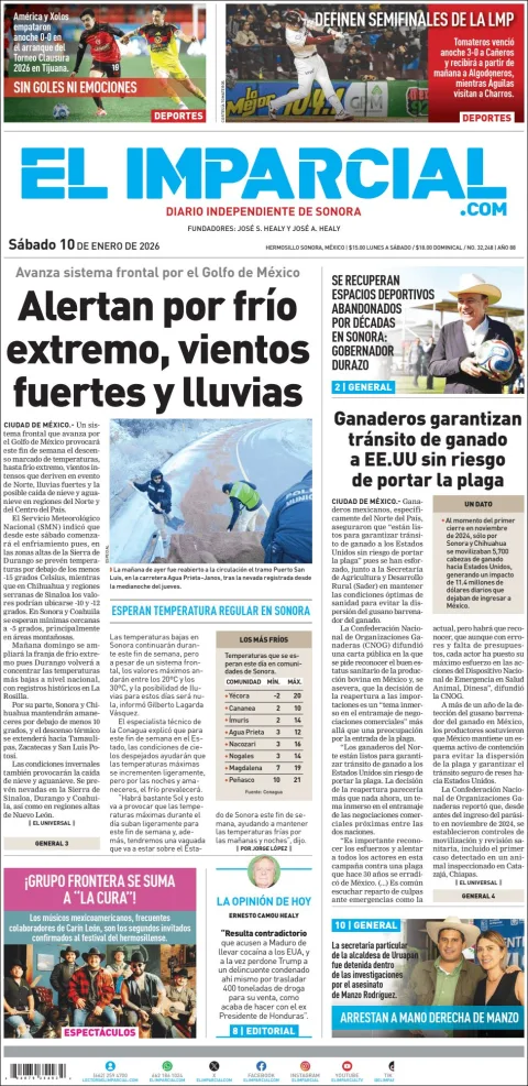 Portada de El Imparcial del sábado, 10 de enero de 2026