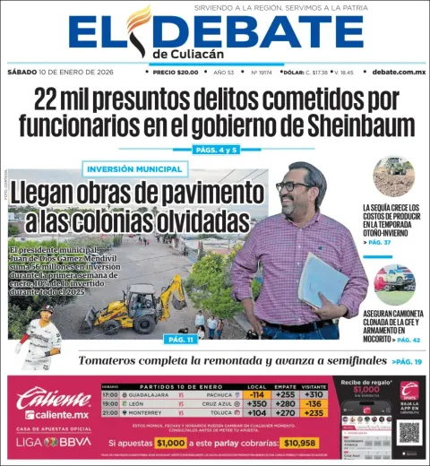 Portada de El Debate de Culiacan del sábado, 10 de enero de 2026