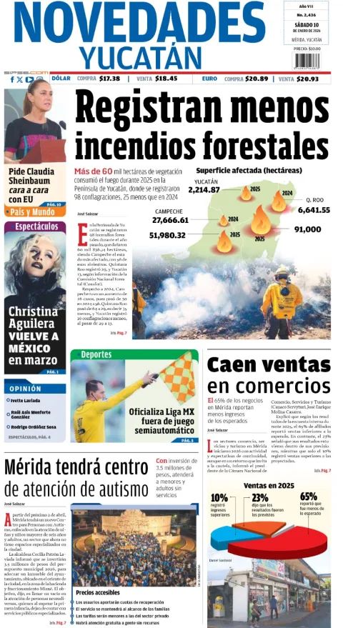 Portada de Novedades Yucatan del sábado, 10 de enero de 2026