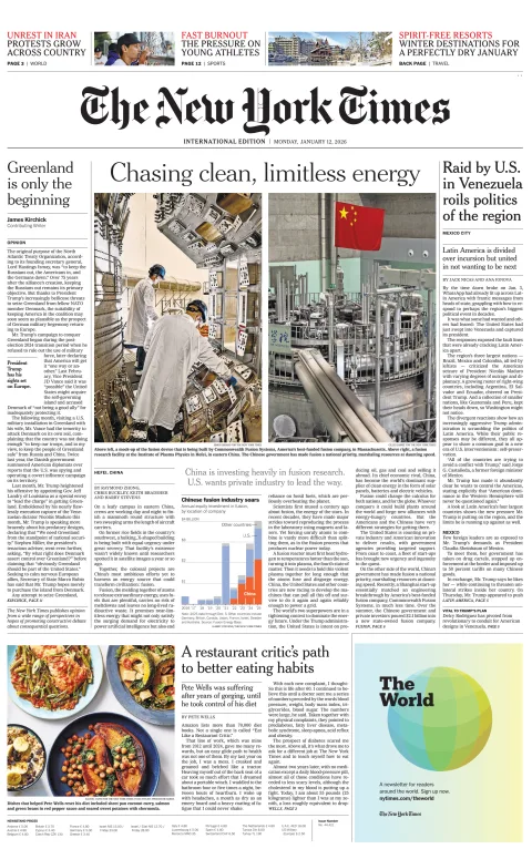 Portada de The New York Times (international) del lunes, 12 de enero de 2026