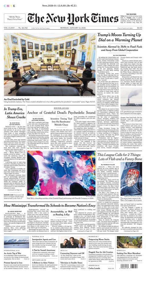 Portada de The New York Times (new York) del lunes, 12 de enero de 2026