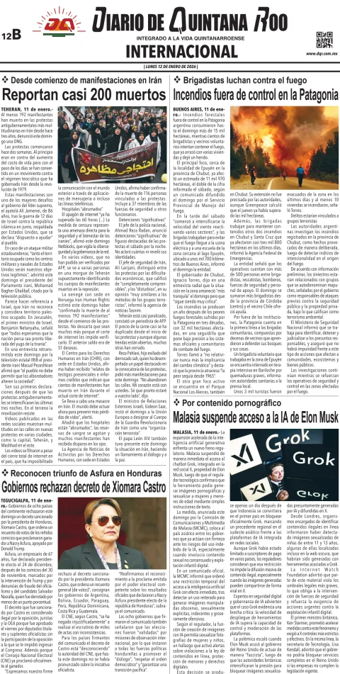 Portada de Diario de Quintana Roo (contra Portada) del lunes, 12 de enero de 2026