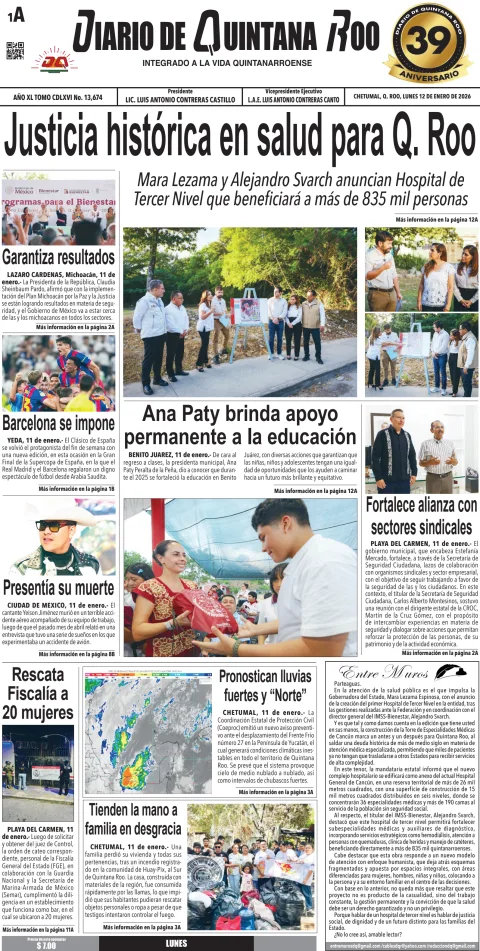 Portada de Diario de Quintana Roo (portada) del lunes, 12 de enero de 2026