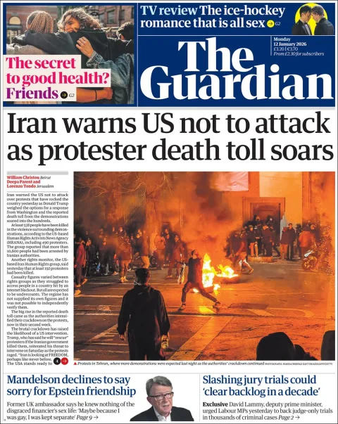 Portada de The Guardian (reino Unido) del lunes, 12 de enero de 2026