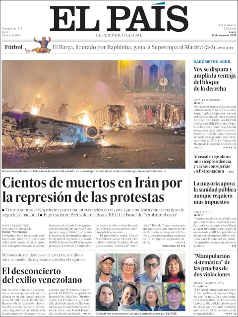 Portada de El Pais del lunes, 12 de enero de 2026