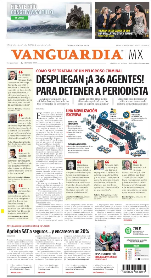Portada de Vanguardia del lunes, 12 de enero de 2026