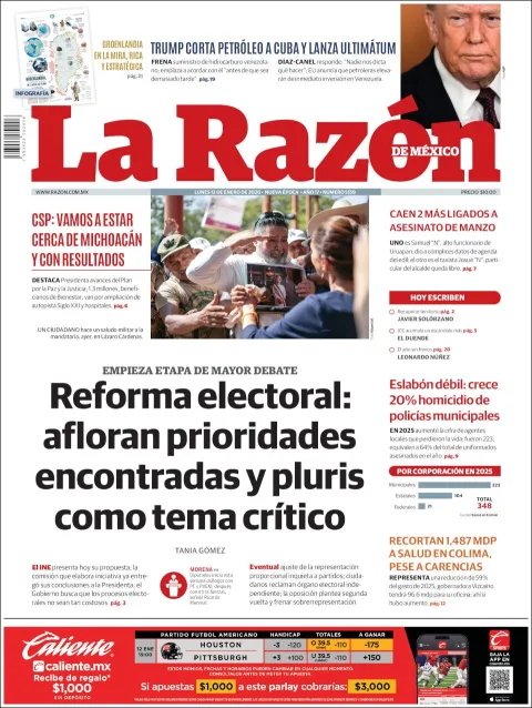 Portada de La Razon del lunes, 12 de enero de 2026