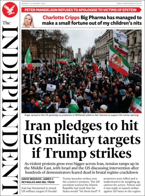 Portada de The Independent del lunes, 12 de enero de 2026