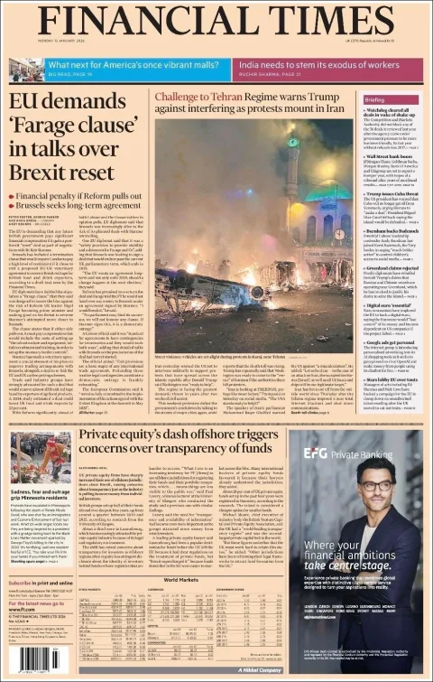 Portada de Financial Times del lunes, 12 de enero de 2026