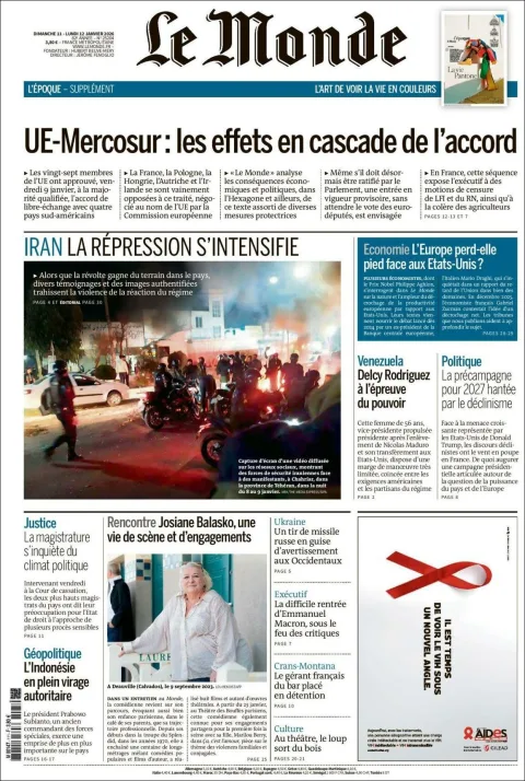 Portada de Le Monde del lunes, 12 de enero de 2026