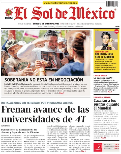Portada de El Sol de Mexico del lunes, 12 de enero de 2026