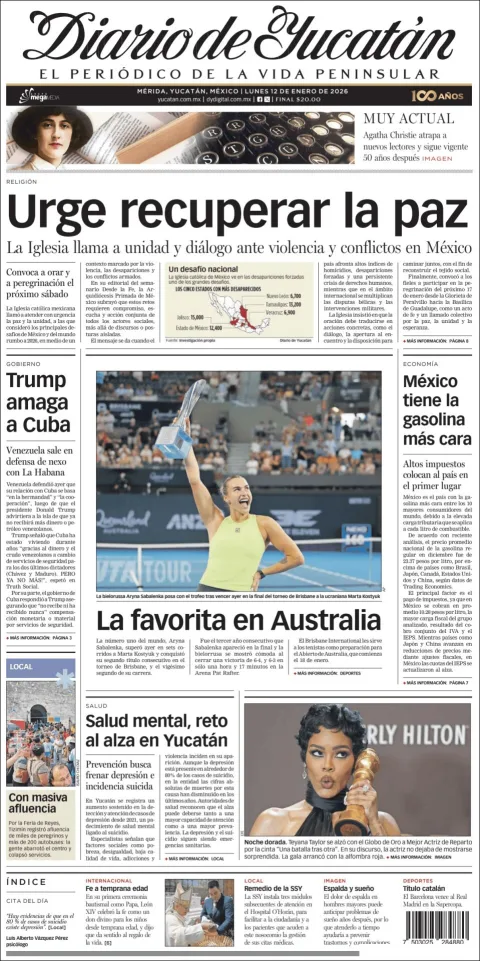 Portada de Diario de Yucatán del lunes, 12 de enero de 2026