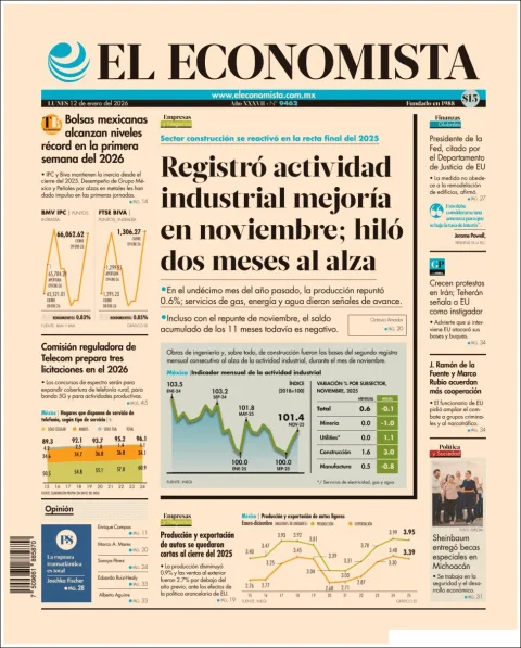 Portada de El Economista del lunes, 12 de enero de 2026