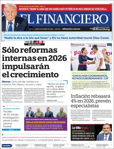 Portada de El Financiero del lunes, 12 de enero de 2026