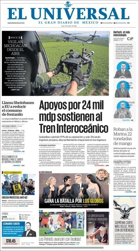 Portada de El Universal del lunes, 12 de enero de 2026